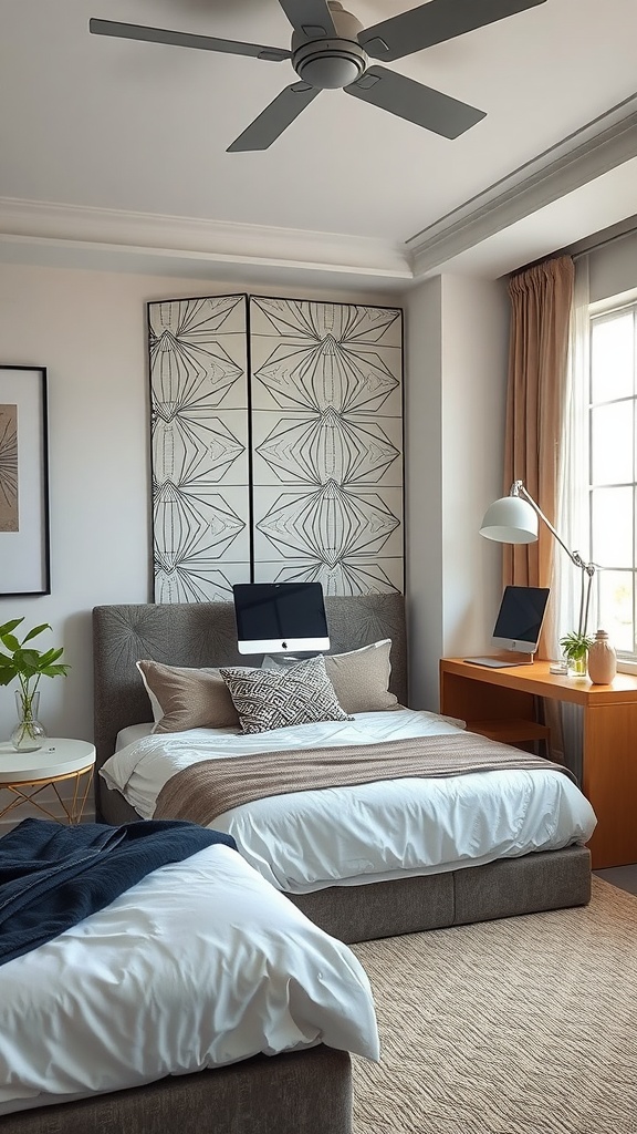 A cozy bedroom workspace with a decorative room divider