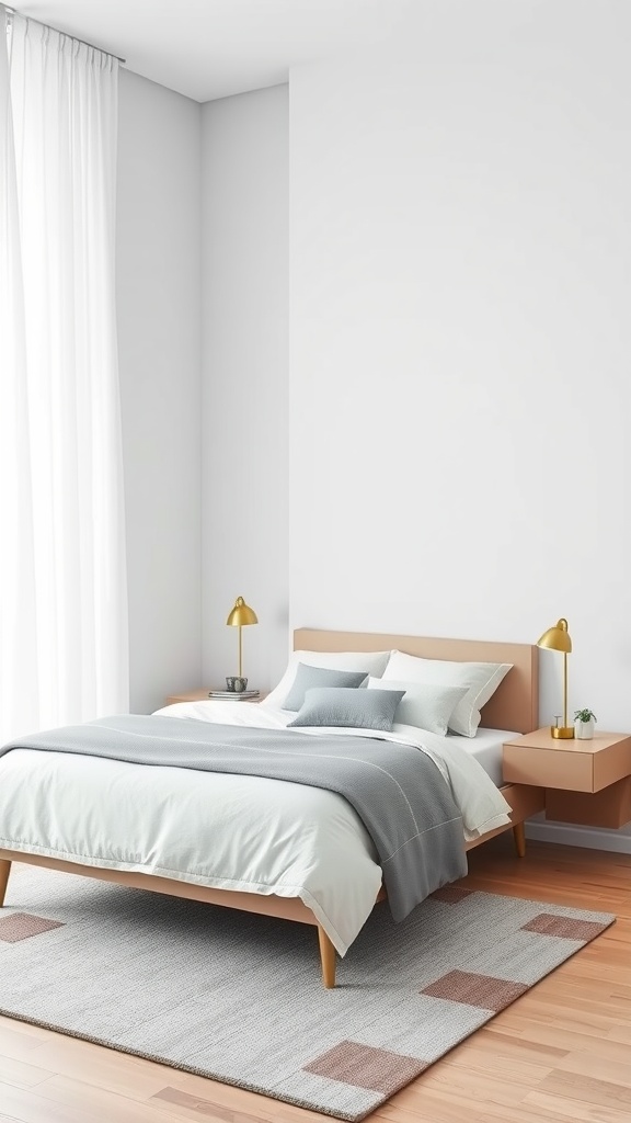 A minimalistic bedroom featuring a bed, floating nightstands, and a cozy rug.