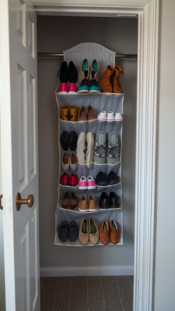 A hanging shoe organizer filled with various pairs of shoes, showcasing an organized closet space.