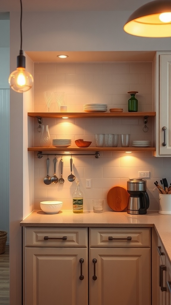 A kitchen with open shelves lit by warm lights, showcasing dishes and glassware.