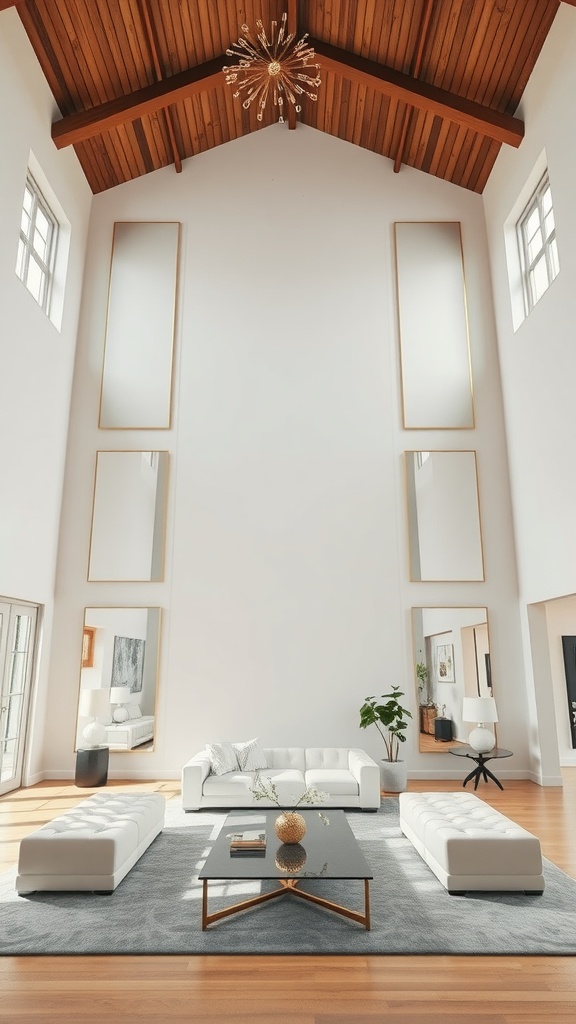 A high-ceiling living room featuring large mirrors that amplify the space, with wooden beams and stylish furniture.