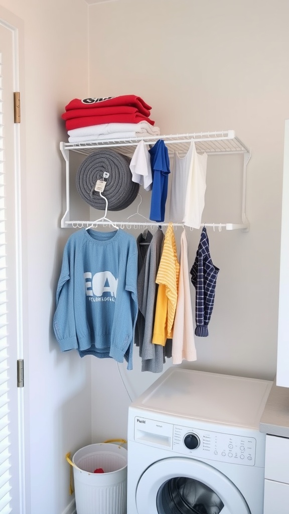 A small laundry room with a drying rack and a washing machine.