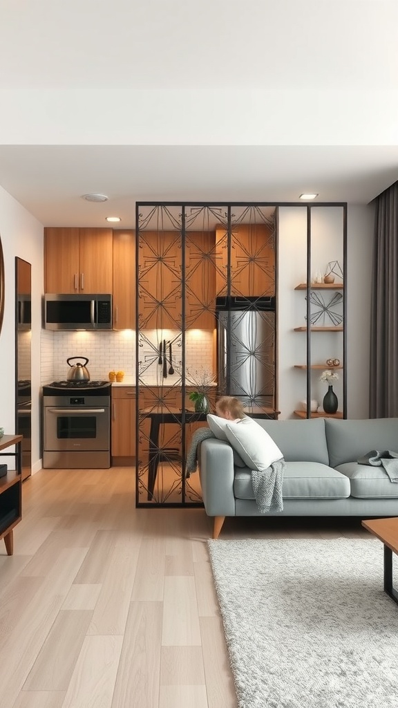 A small open-concept kitchen and living room with a stylish room divider