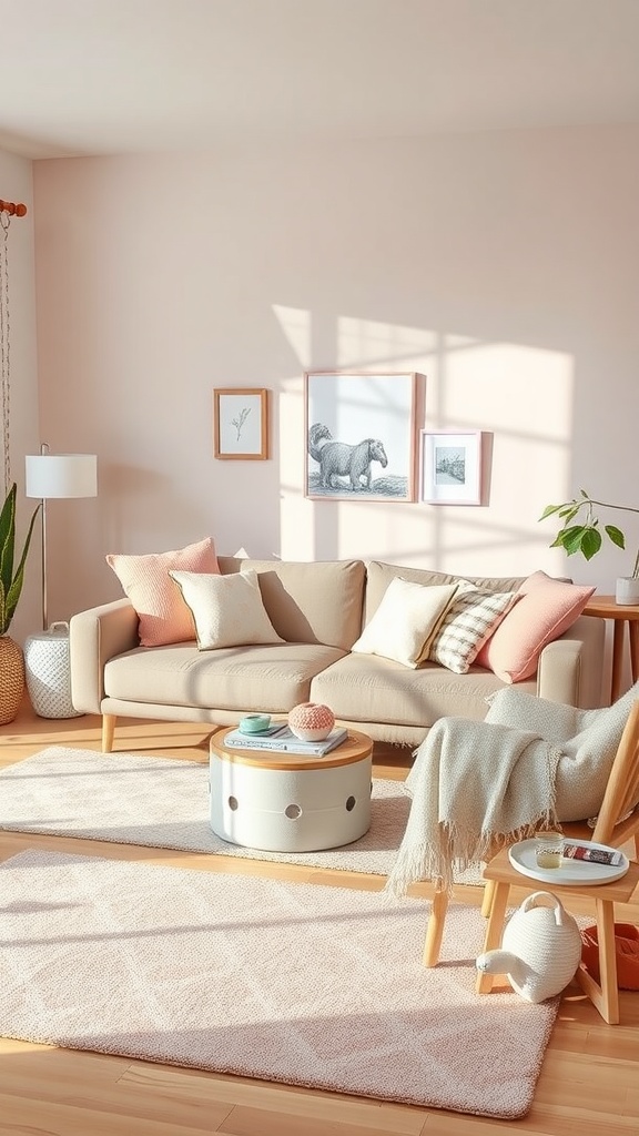 A pastel-themed living room featuring a cozy sofa, pastel cushions, a round coffee table, and light walls, bathed in natural light.