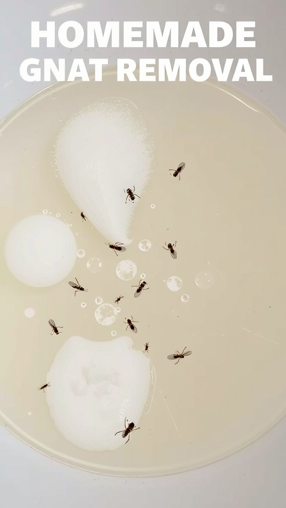 A bowl filled with vinegar and liquid soap, and a spray bottle, demonstrating a DIY solution to remove gnats.