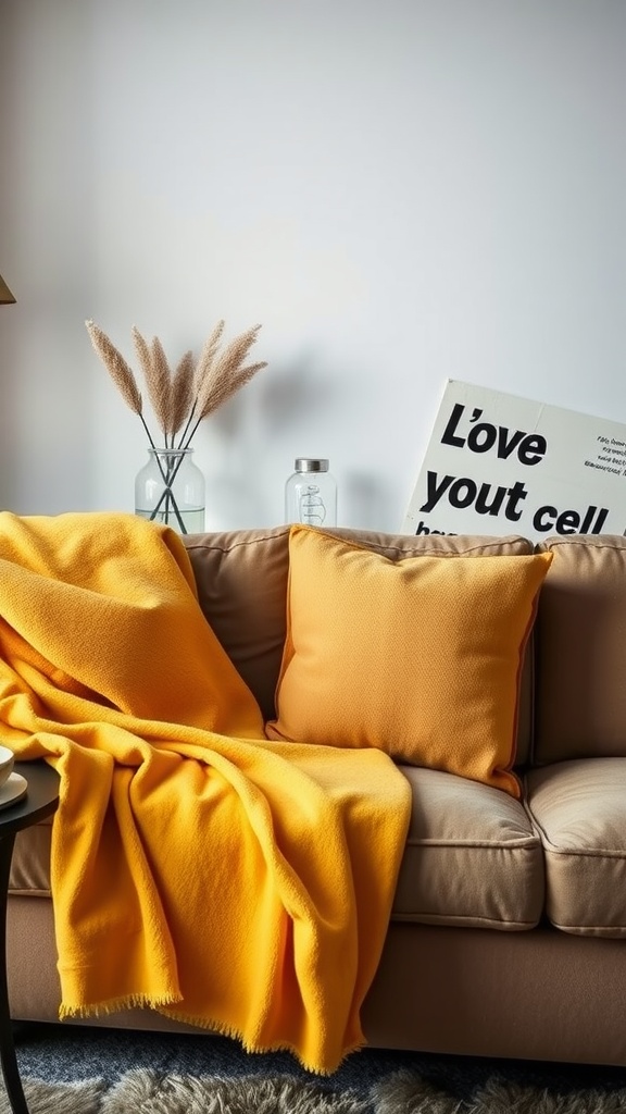 A cozy living room scene featuring a beige sofa with yellow pillows and a blanket, alongside decorative plants and a modern art piece.