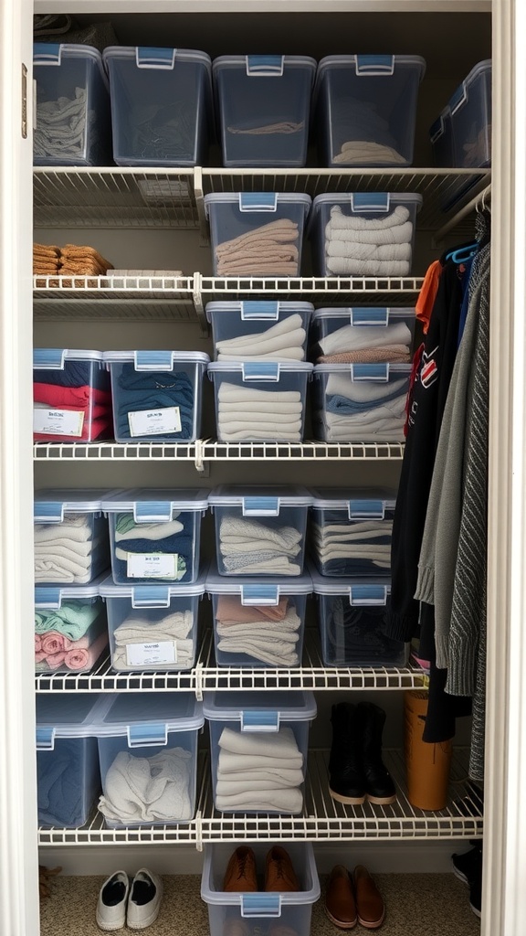 Organized closet with clear storage bins filled with towels and clothing