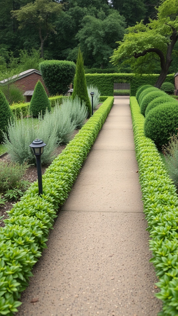 A well-manicured garden pathway bordered by lush green edging plants.