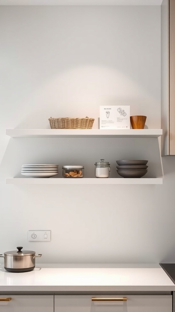 Minimalist kitchen with floating shelves showcasing dishes and decorative items