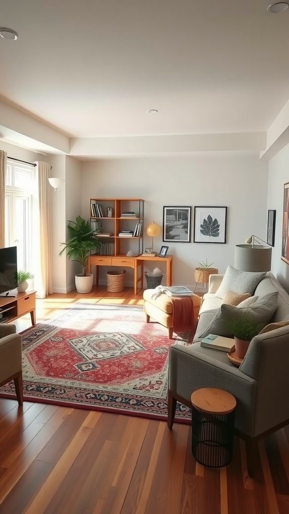 A cozy college living room featuring a vibrant central rug, comfortable seating, and plants, creating a warm and inviting atmosphere.