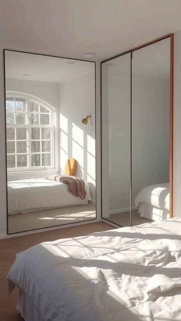 A small bedroom featuring large mirrors that reflect light, enhancing the space.