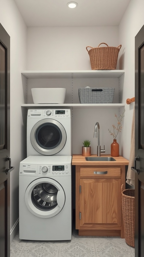 A small laundry room featuring a stacked washer and dryer, a wooden countertop with a sink, and open shelves with decorative storage baskets.