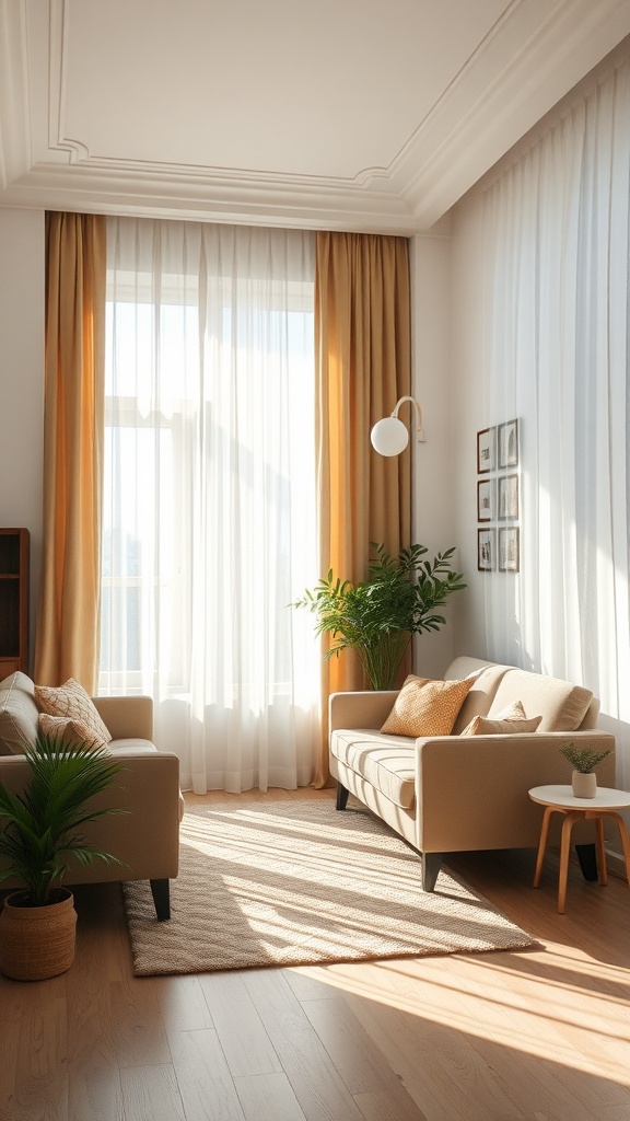 A small living room with sheer curtains allowing natural light, featuring two sofas, a rug, and plants.