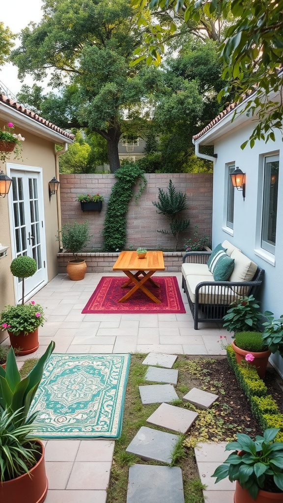 A cozy outdoor patio with rugs defining different zones, featuring a wooden table and plants.