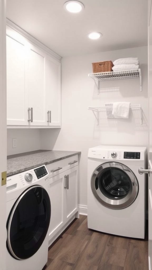 Modern basement laundry room with appliances and shelving