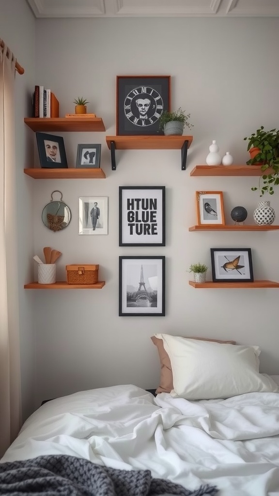 A small bedroom with wall shelves displaying photos and decorative items, emphasizing vertical space utilization.