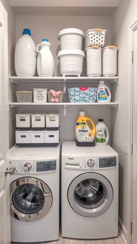 A well-organized laundry room with shelves holding various baskets and containers.