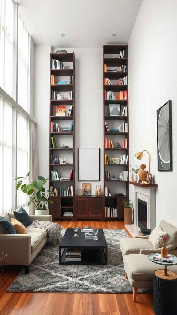 A long narrow living room featuring tall bookshelves, a cozy sofa, and a stylish coffee table.