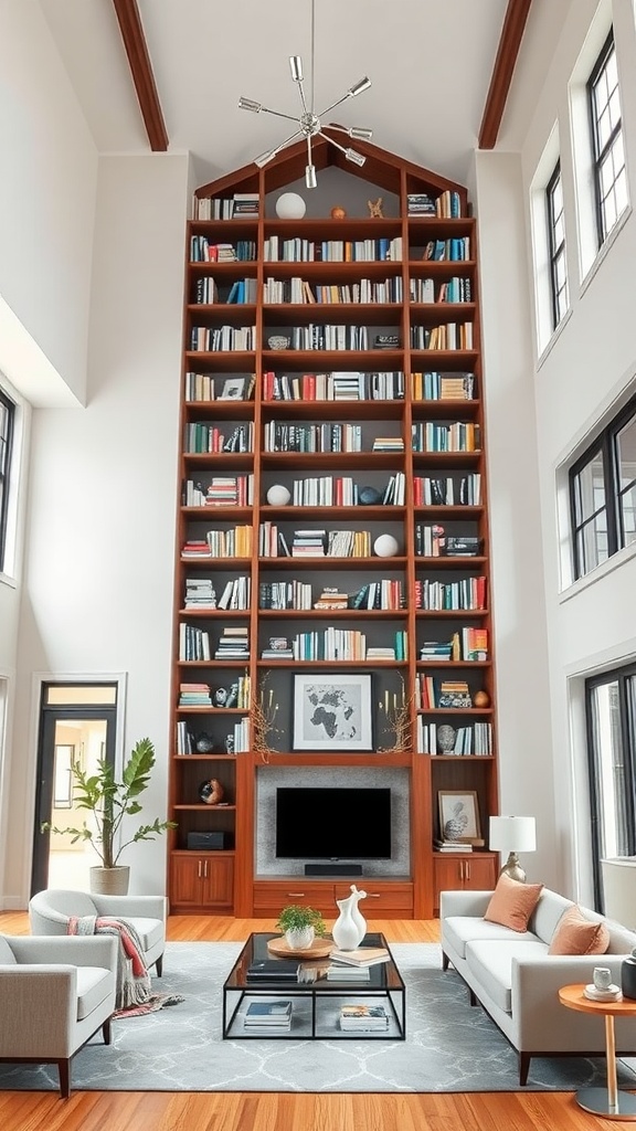 A high-ceiling living room featuring a tall bookshelf filled with books and decorative items.