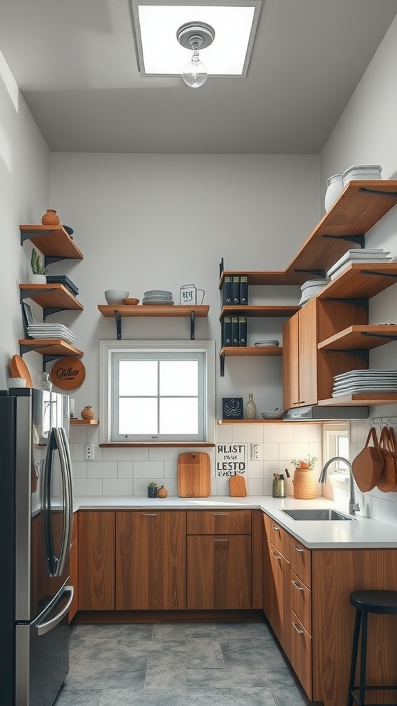 A small kitchen featuring wooden shelves, open storage, and a bright window, demonstrating effective vertical storage solutions.