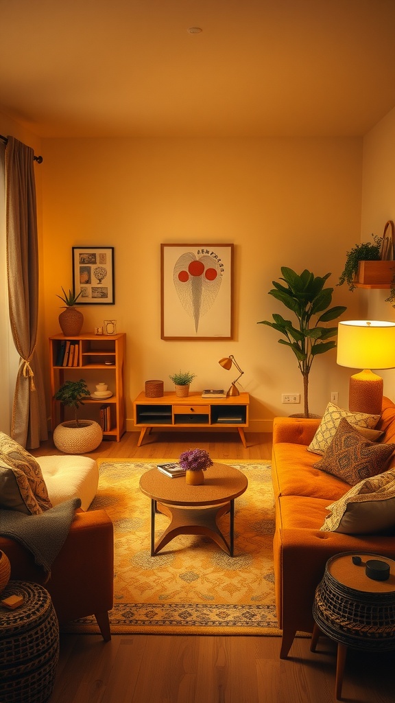 A cozy living room with warm yellow lighting, featuring orange couches, a round coffee table, and a plant.