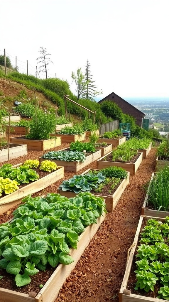 Tiered vegetable garden on a slope with raised beds filled with various leafy greens and herbs