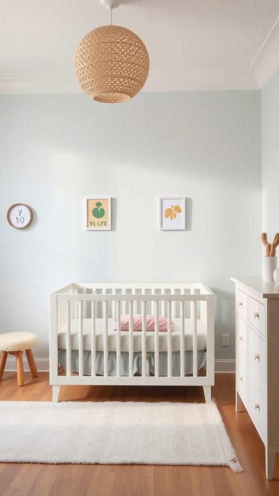 A serene gender-neutral nursery featuring a white crib, a soft stool, and light pastel colors on the walls.