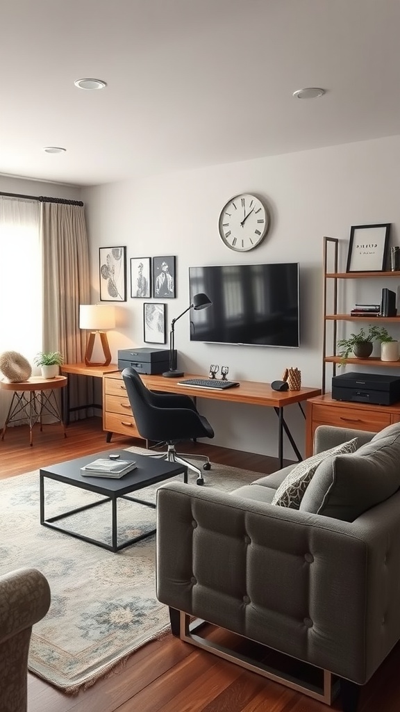 A modern TV room featuring a cozy couch, a desk, and decorative elements.