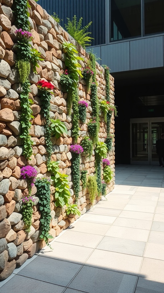 Vertical gabion wall with plants and flowers growing on it