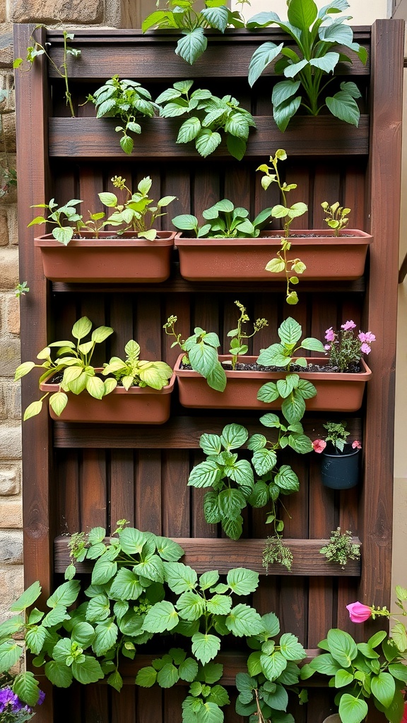 Vertical garden fence with multiple planter boxes filled with various plants