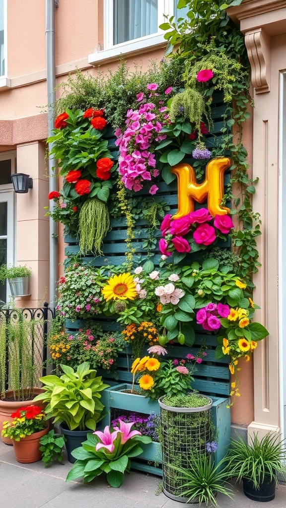 A vertical garden installation featuring colorful flowers, plants, and a golden balloon on a wooden panel.