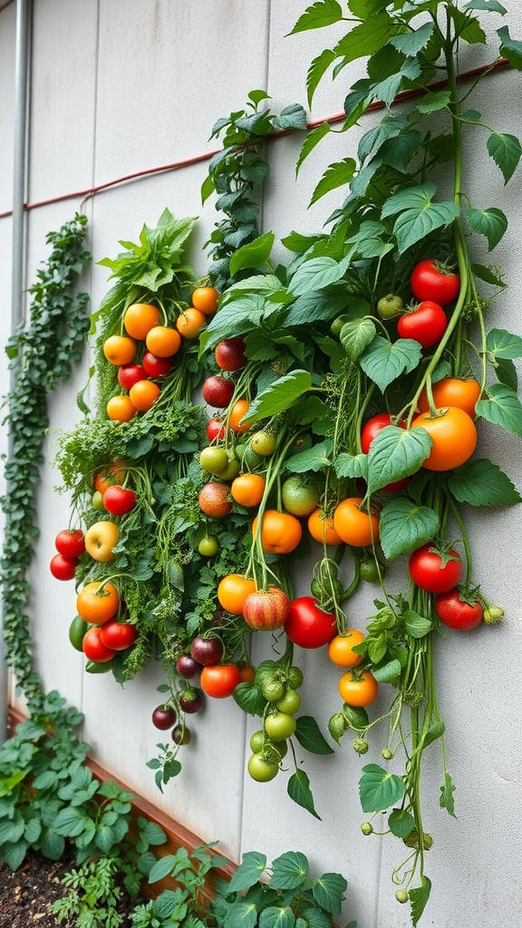 A vertical garden with various colorful tomatoes growing on a wall