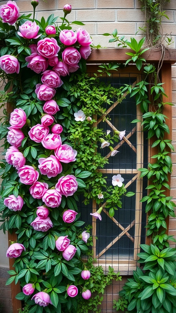 Vertical garden with peonies