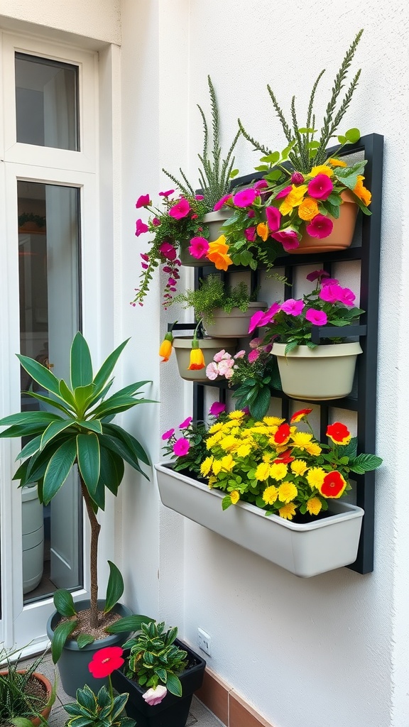 A vertical garden with colorful flowers in wall-mounted pots, adding greenery to a small indoor space.