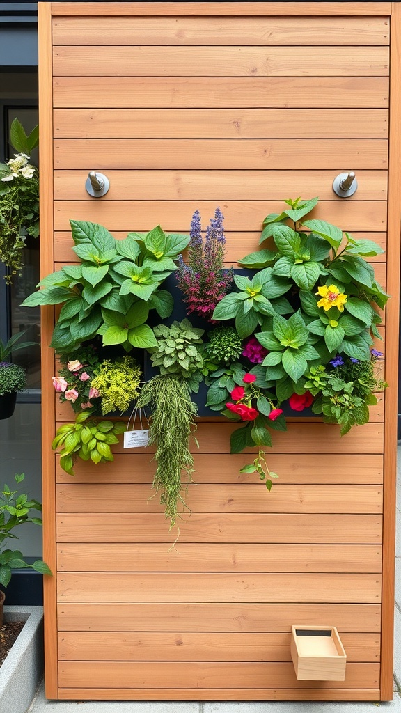 A vertical garden mounted on a wooden wall with various colorful plants