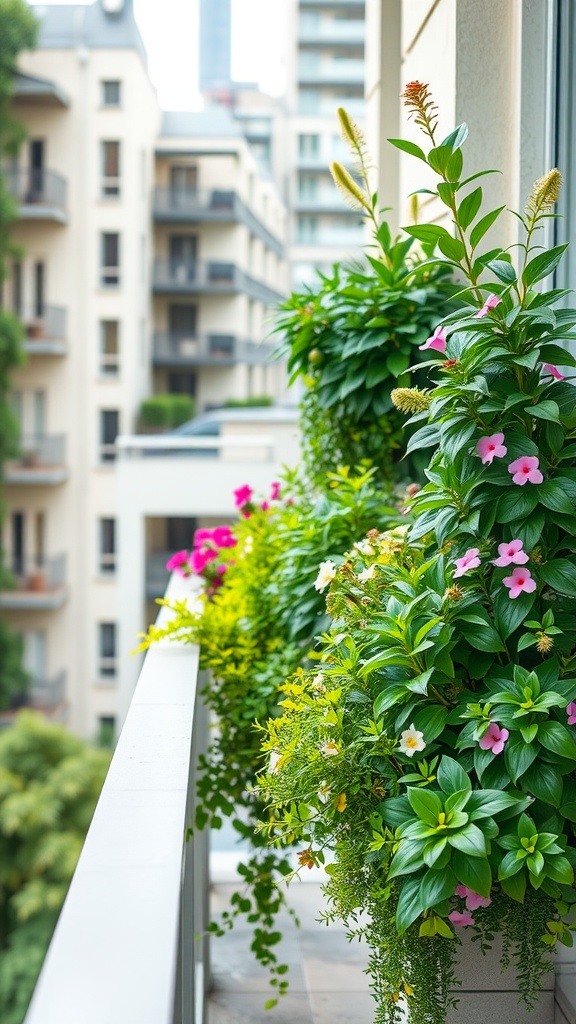 A balcony adorned with lush vertical gardens featuring colorful flowers and greenery.