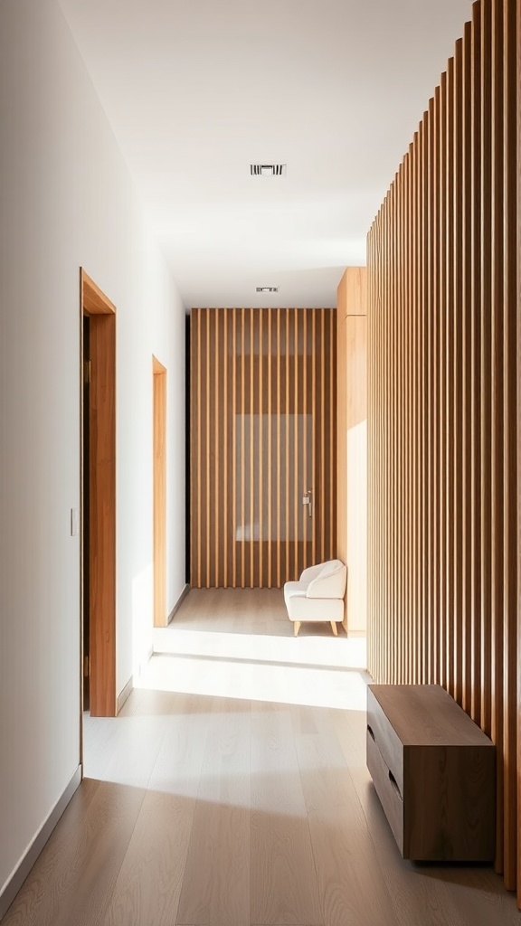 A modern hallway featuring vertical slat wooden paneling, bright walls, and minimalist furniture.