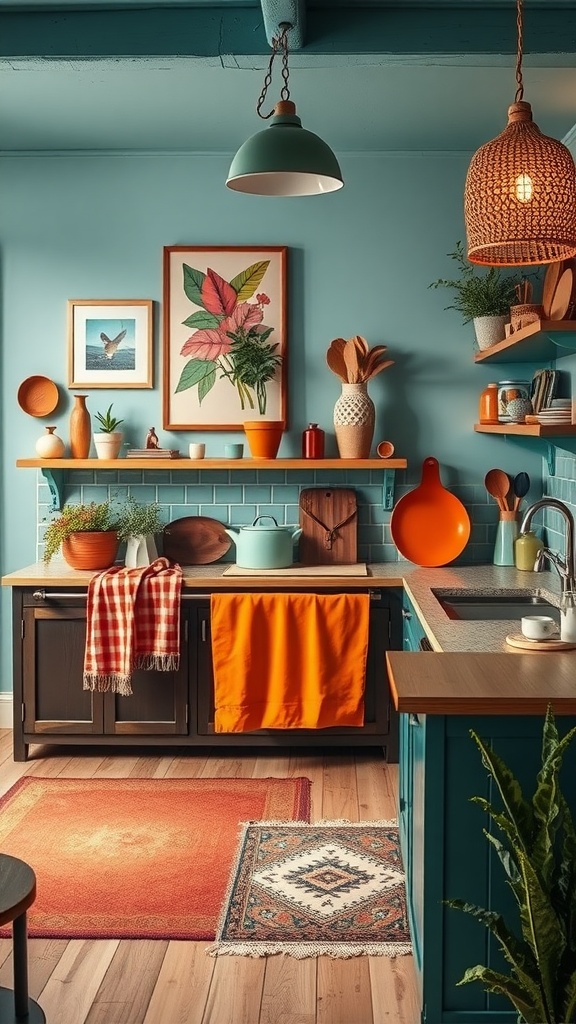 A colorful boho kitchen featuring teal walls, orange accents, and eclectic decor