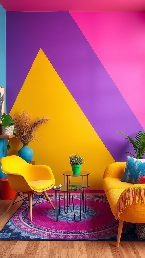 A vibrant living room with colorful walls and furniture showcasing a lively color palette