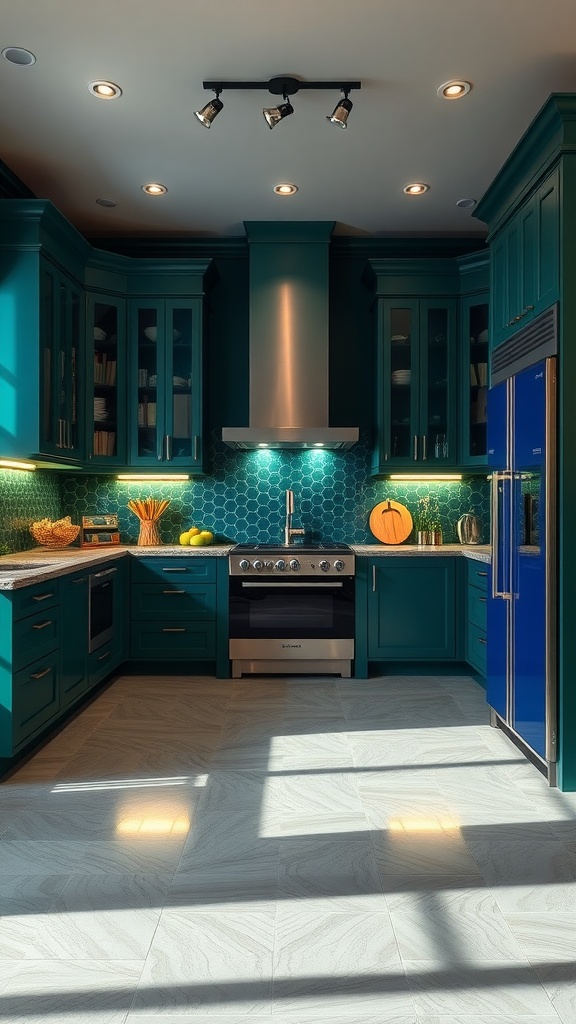 A vibrant kitchen featuring teal cabinets, a blue refrigerator, and a hexagonal backsplash.