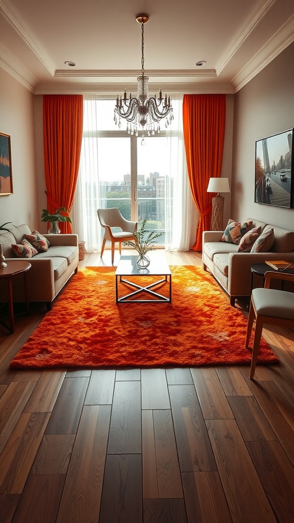 A vibrant orange area rug in a stylish living room with light wood floors and orange curtains