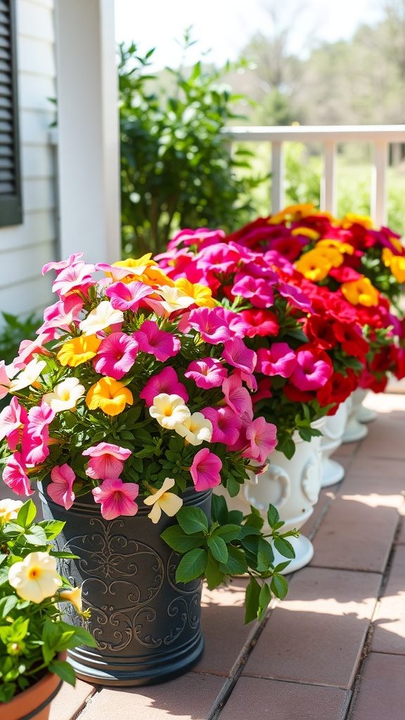 Potted petunias in vibrant colors on a patio