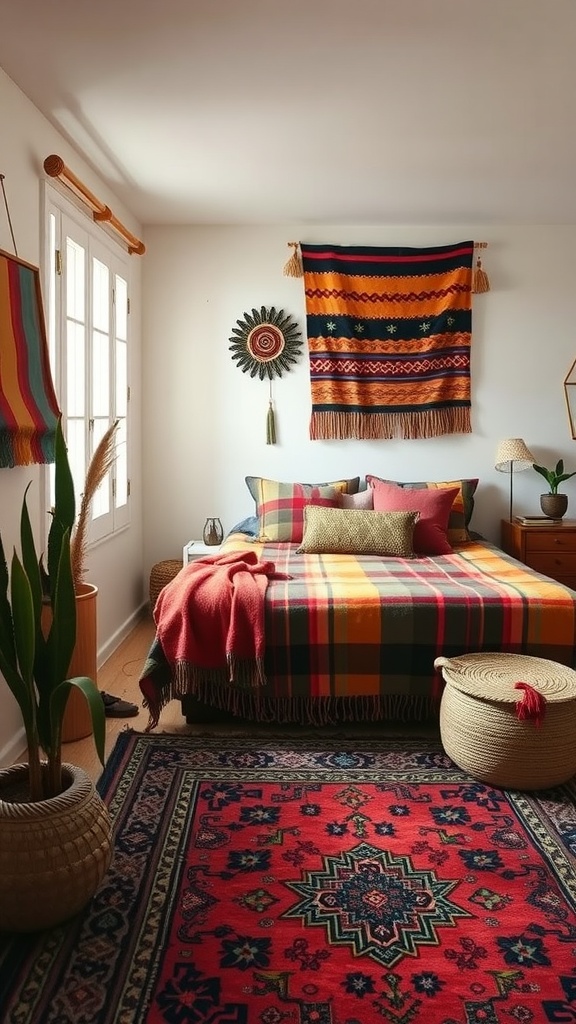 A cozy southwestern bedroom with vibrant textile layering, featuring a colorful blanket, decorative pillows, and a patterned rug.