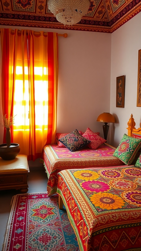 A colorful Indian bedroom with vibrant textiles, including patterned bedding and curtains.