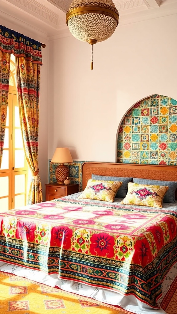 A Moroccan bedroom with vibrant textiles and patterns, featuring a colorful bedspread and curtains.