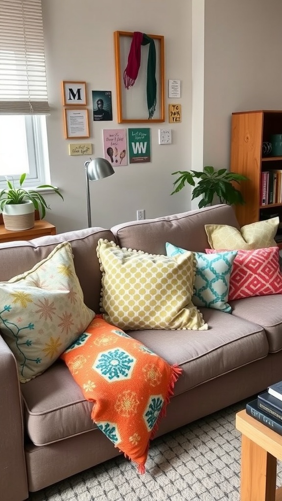 Cozy couch with colorful throw pillows and a knitted blanket.