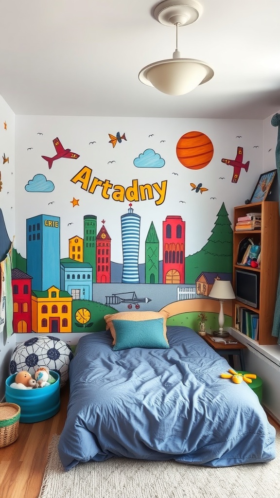 A colorful bedroom featuring a vibrant wall mural with a cityscape and playful elements, showcasing a cozy bed and a bright atmosphere.