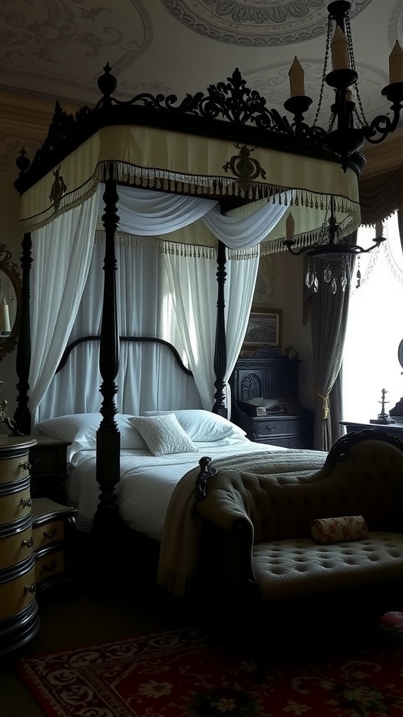 A gothic-themed bedroom featuring a four-poster bed, vintage chaise lounge, and ornate furnishings.