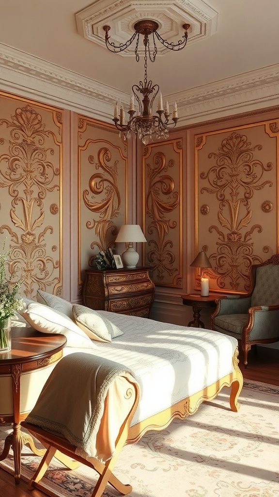 A vintage-inspired bedroom featuring ornate 3D wall panels, an elegant chandelier, and classic furniture.