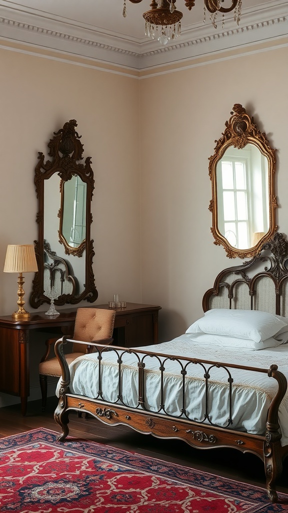 A cozy bedroom featuring vintage-inspired wall mirrors, an elegant bed, and warm lighting.